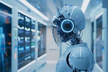 Poster - Robotic figure with human-like features and agility examines intricate data streams in a technological environment