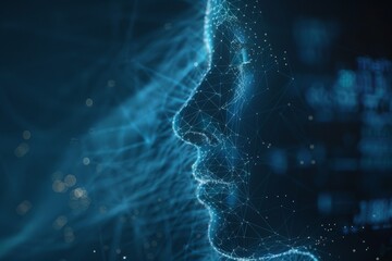 Poster - Detailed view of a digital human face consisting of network lines against a dark background with illuminated data points