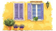 Yellow painted facade of the house and window with la