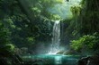 A secluded waterfall hidden deep within a rainforest, surrounded by emerald foliage.