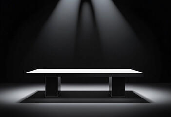 Poster - Blank black table platform with bright spotlight isolated on black wal