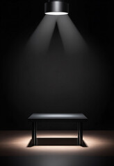 Poster - Blank black table platform with bright spotlight isolated on black wal