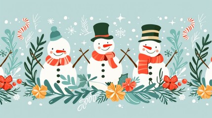 Sticker - A whimsical illustration featuring cheerful snowmen adorned with scarves and top hats, surrounded by falling snowflakes