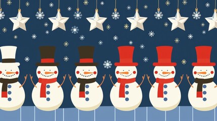 Poster - A whimsical illustration featuring cheerful snowmen adorned with scarves and top hats, surrounded by falling snowflakes