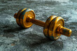 A gilded dumbbell on empty concrete floor. Concept of success.