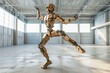 A wooden robot dancing in a large empty bright warehouse, moving with its arms and legs.