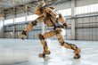A wooden robot dancing in a large empty bright warehouse.A robot is assembled from boards of different pieces of wood.