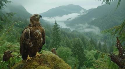 a bird of prey perches atop a moss-covered rock, nestled in a forest midway between towering mountai