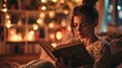 Beautiful lonely young woman having a cozy evening with a book. Copy Space.