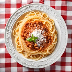 Wall Mural - Succulent Italian pasta dish with bolognese sauce on a red and white checkered tablecloth