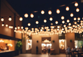 Aufkleber - Blurred background of restaurant with abstract bokeh light. Lights decoration Party Event Festival Holiday blur background. outdoor string lights