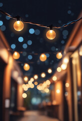 Aufkleber - Blurred background of restaurant with abstract bokeh light. Lights decoration Party Event Festival Holiday blur background. outdoor string lights