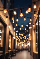 Aufkleber - Blurred background of restaurant with abstract bokeh light. Lights decoration Party Event Festival Holiday blur background. outdoor string lights