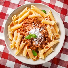 Wall Mural - Succulent Italian pasta dish with bolognese sauce on a red and white checkered tablecloth