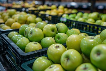 Wall Mural - Freshly picked green apples packaged and sold in a grocery store.