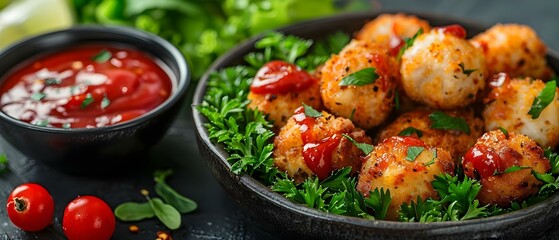 Wall Mural - Saucy boneless chicken bites ideal for sharing and dipping with friends. Concept Chicken Bites, Boneless Chicken, Party Food, Appetizer, Sharing Dish