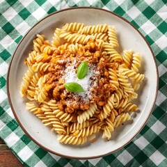 Wall Mural - Succulent Italian pasta dish with bolognese sauce on a green and white checkered tablecloth