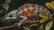 A colorful chameleon blending into its surroundings, its mottled skin matching the vibrant hues of the tropical foliage.