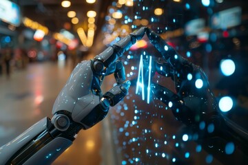 Poster - A robot hand with illuminated details lightly touching a human hand, symbolizing human-AI interaction