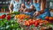 Illustrate a family gathering in the kitchen, chopping fresh vegetables and herbs to prepare a colorful vegan stir-fry, bursting with