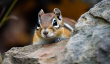 A Curious Chipmunk Peeking Out From Behind A Rock, Its Bright Eyes Filled With Wonder.