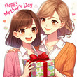 Happy Mother's Day cartoon image. Daughter giving her mother a gift.