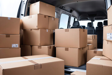 Boxes and packages being loaded onto the back of a van for delivery to customers. Logistic and transport services unloading goods in cardboard containers from inside a mini truck during house moving.