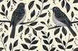 Retro etching featuring avian creatures and greenery. Flowery modern art piece showcasing black and white wildlife and plants. Design for fabric and cloth. Simple animated picture.