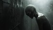   A creepy-looking alien stands before a dark room's wall, its reflection distorted by raindrops on the glass