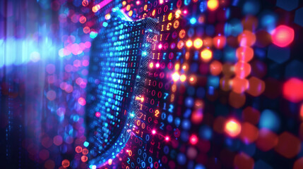 Poster - futuristic cyber security technology background with glowing shield hologram. modern cyberspace digital cyber tech wallpaper, information technology 
