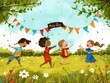 Kids Playing in Animated Style Drawing Celebrating May Day Festival