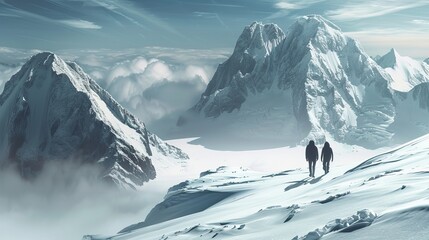 Wall Mural - A couple walking away on a snow-covered mountain