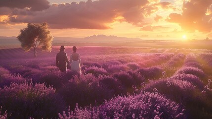 Wall Mural - A couple wandering into a beautiful lavender field