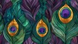 peacock feather background, watercolor art nouveau peacock feathers art deco pattern, colourful peacock feathers green and purple and gold colors 