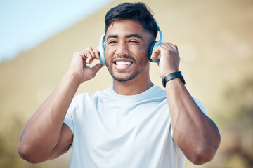 Sticker - Man, happy listening and headphones outdoor, music or audio streaming with personal trainer for fitness in city. Confident, smile and athlete with wireless tech for radio, podcast or playlist