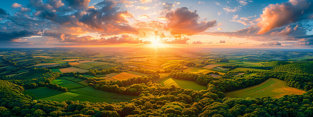 Wall Mural - Tranquil Sunrise in Countryside, Misty Morning Light Over Fields, Natural Serenity