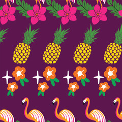 Wall Mural - Tropical seamless pattern design, flamingo, flowers and pineapple on purple