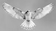   A black-and-white image of a bird mid-flight, wings fully extended