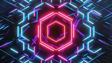 A stunning 3D render of an abstract background featuring vibrant neon hexagons.