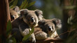 A family of koalas nestled in the branches of a eucalyptus tree, their fluffy ears twitching as they doze in the afternoon sun.