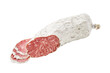 slices traditional Spanish salami fuet sausage or dry sausage covered fermented mold isolated on a white background.