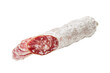 slices traditional  salami fuet sausage or dry sausage covered fermented mold isolated on a white background.