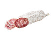 slices traditional  salami fuet sausage or dry sausage covered fermented mold isolated on a white background.