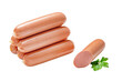 Fresh frankfurter sausages whole and sliced, with parsley leaf isolated on white background 