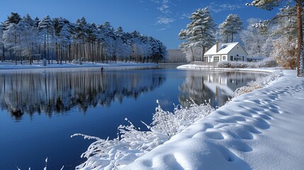 Wall Mural - Design an image of a snow rugby match being played on a frozen lake with snow-covered banks.