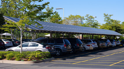 Poster - solar panels as shade for cars in parking lot, eco friendly green energy 
