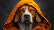   A brown-and-white dog in an orange hoodie gazes sadly at the camera