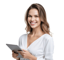 Wall Mural - woman with tablet computer in white shirt isolated on transparent background