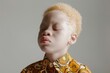 Serene child with albinism in traditional African print attire, eyes closed in peaceful contemplation, representing cultural pride and diversity, international albinism awareness day