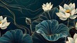 Luxury oriental flower background. Elegant white lotus flowers golden line art, leaves, gradient color. Japanese and Chinese illustration Design for decor, wallpaper, poster, card. Generative Ai